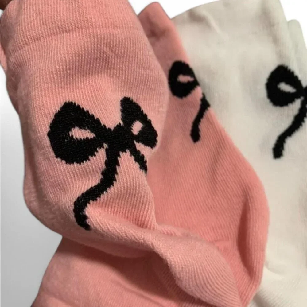 Set Of 3 Socks With bows, New, One size, Pink, white & grey cottage cozy style.